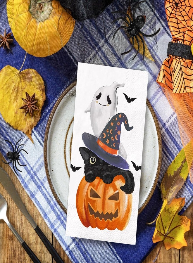 Whaline 100Pcs Halloween Guest Napkins Pumpkin Ghost Black Cat Disposable Paper Napkin Trick or Treat Spooky Boo Dinner Hand Napkin for Kitchen Bathroom - Image 3